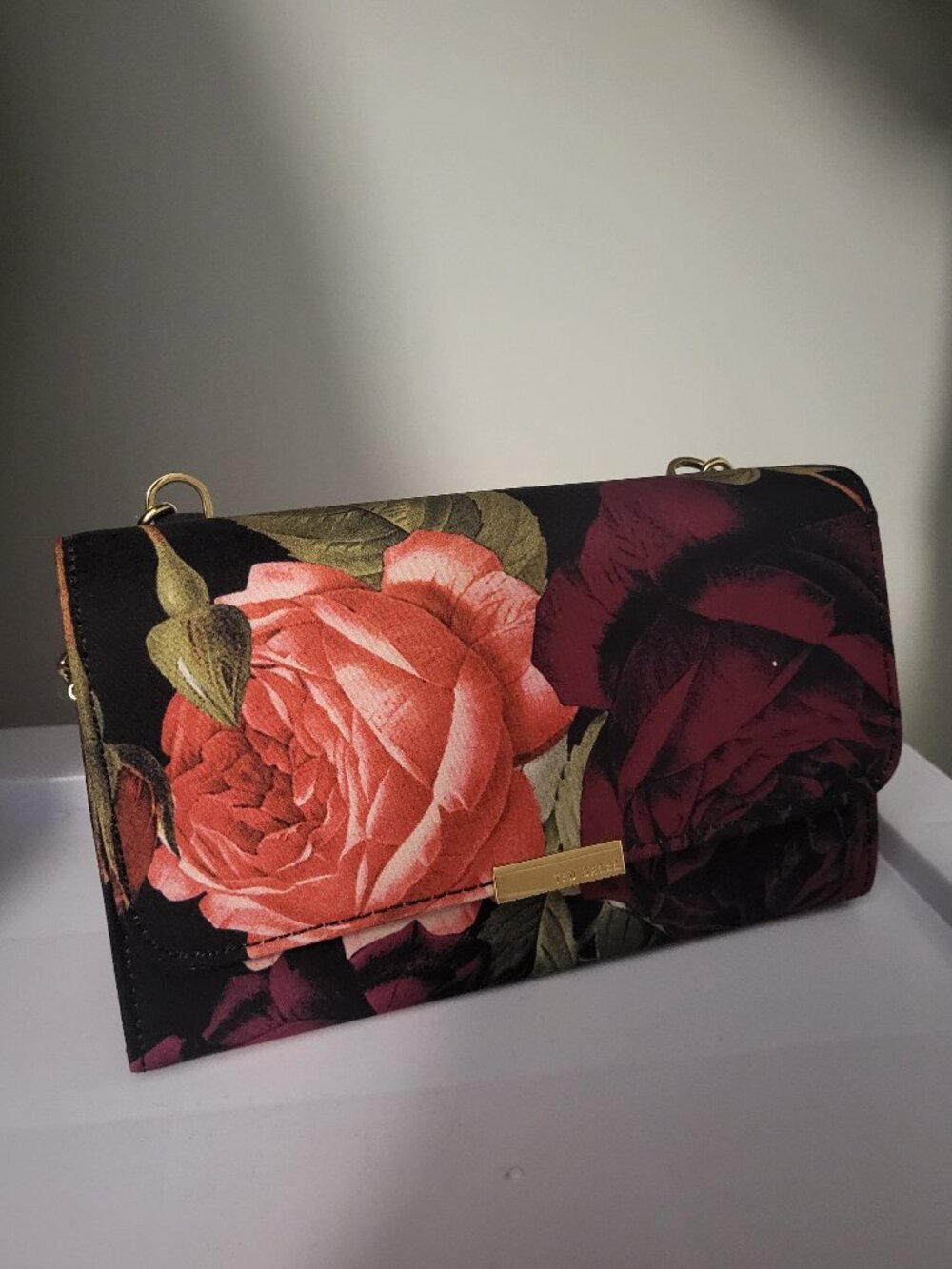 Ted Baker Burgundy/Black Floral Shoulder Bag with Gold Chain